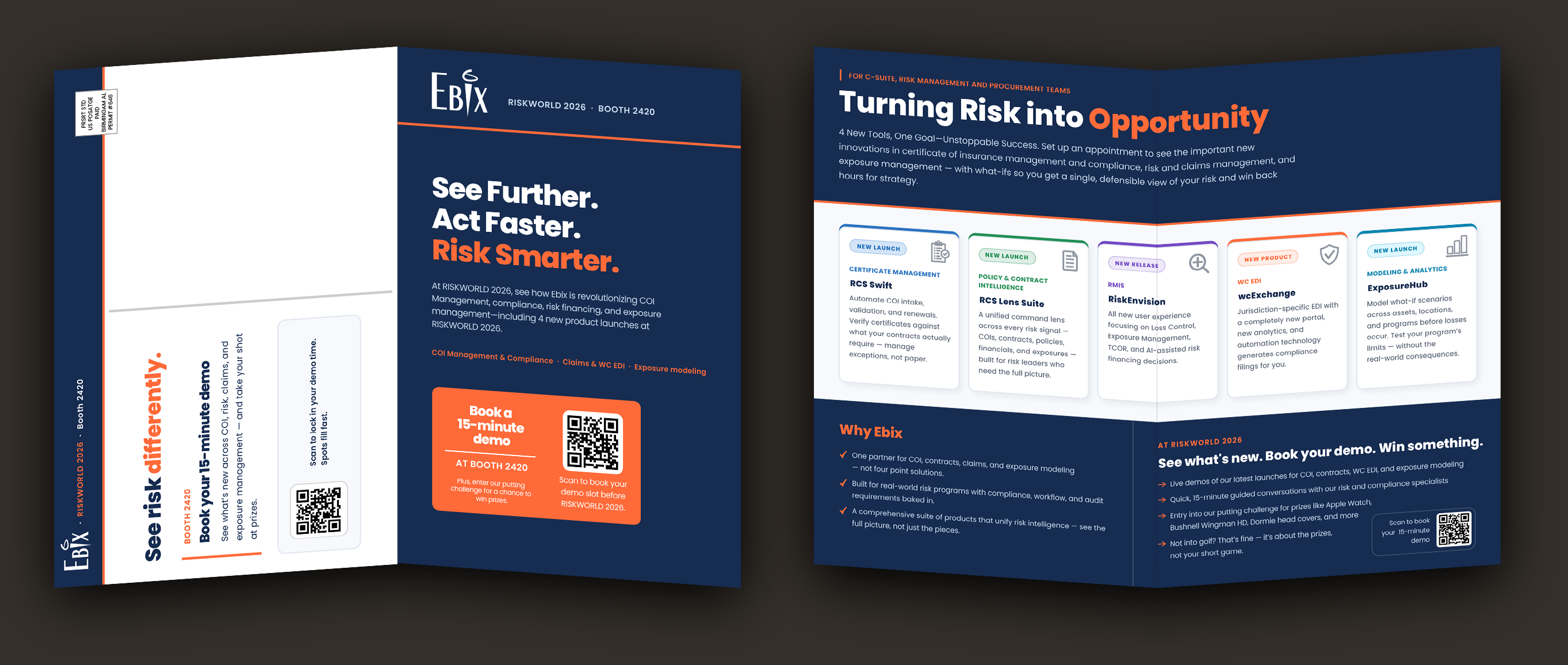 Four-panel direct mail piece for Riskworld 2026
