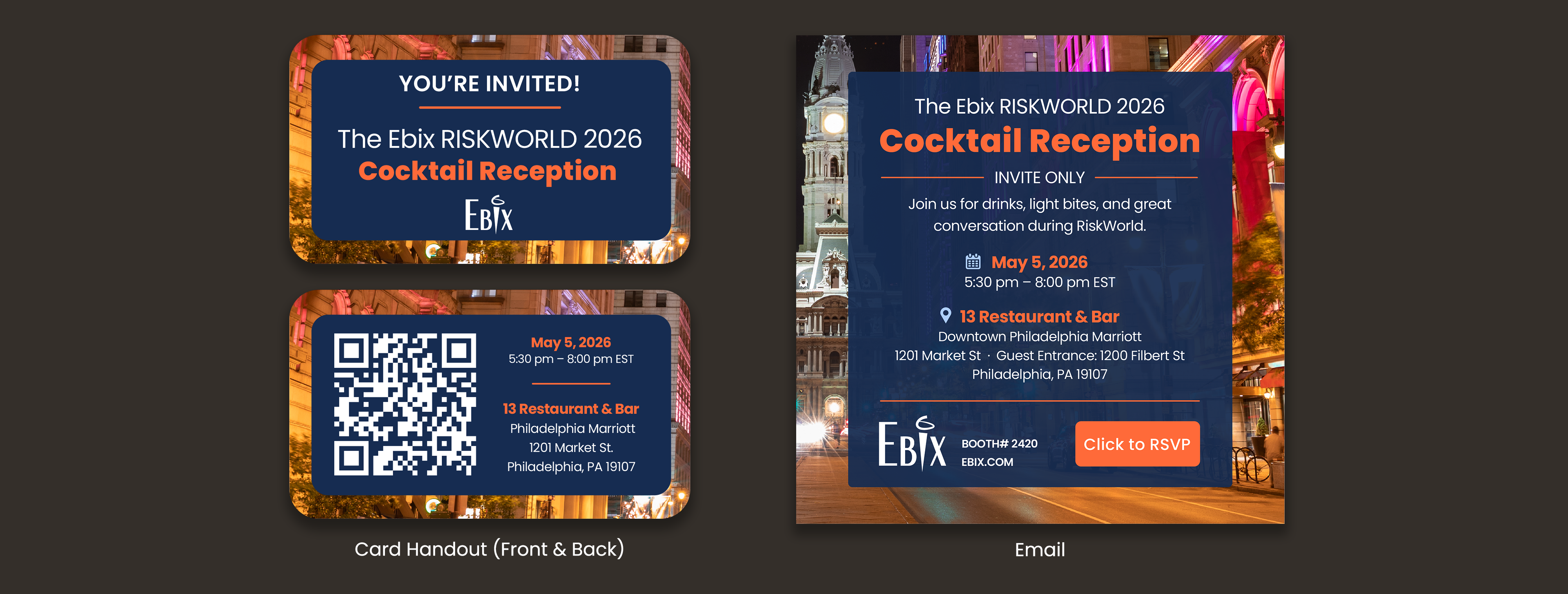 VIP cocktail reception suite — email invitation and printed event card