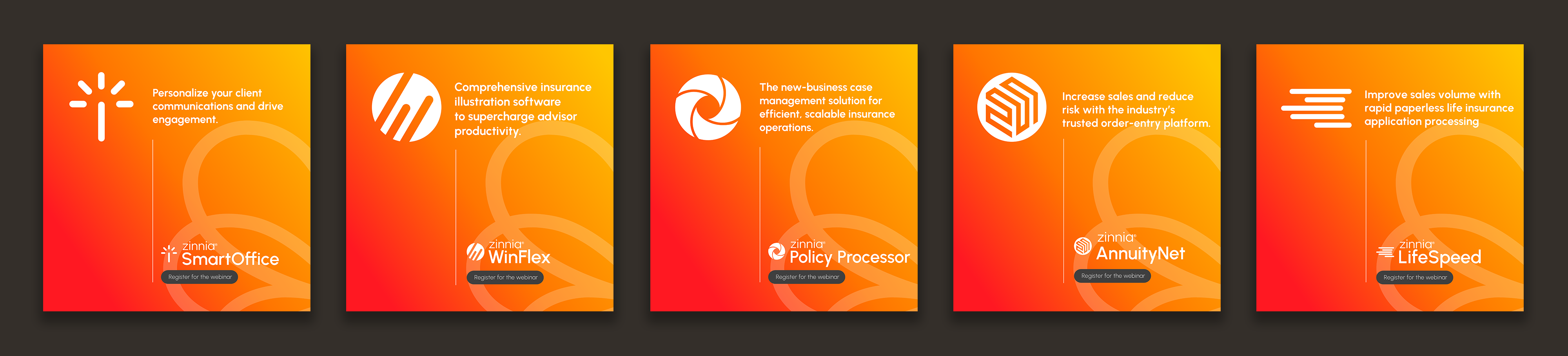 Five-card LinkedIn campaign series for Zinnia product webinars